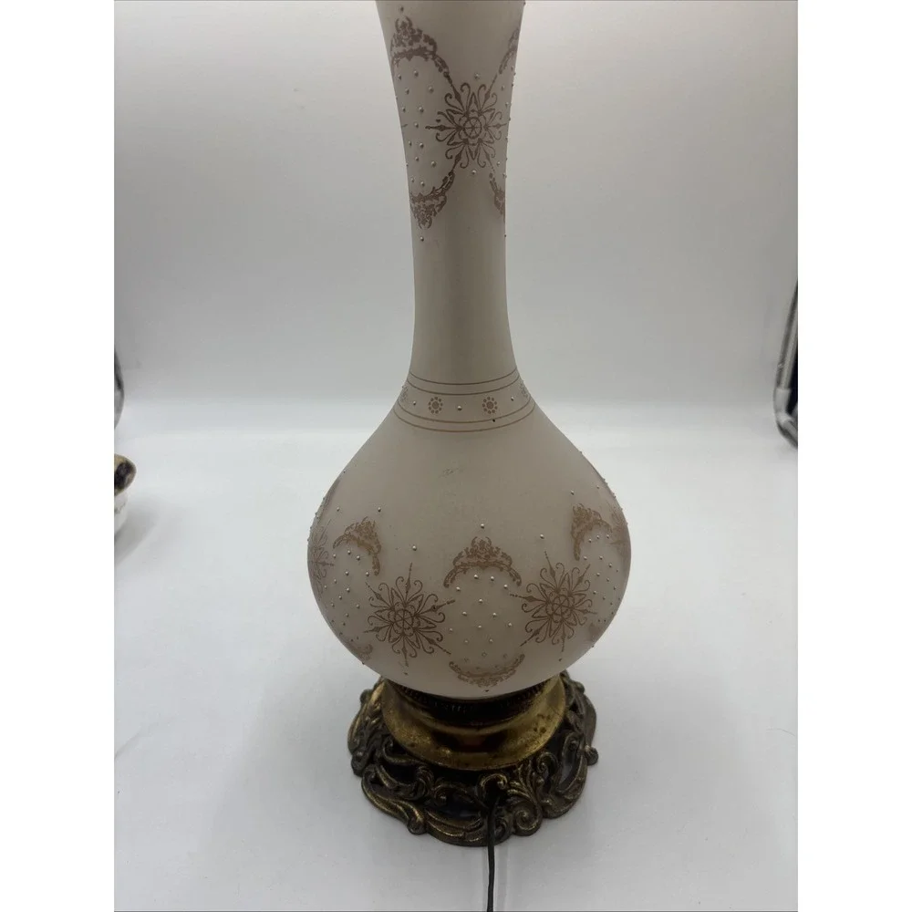 Vintage MCM Unique Retro White & Gold Glass Lamp Boho 70s